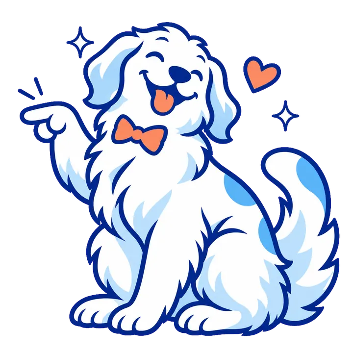 Ilustración del perro con corbatín de Bicho Mimado señalando el texto