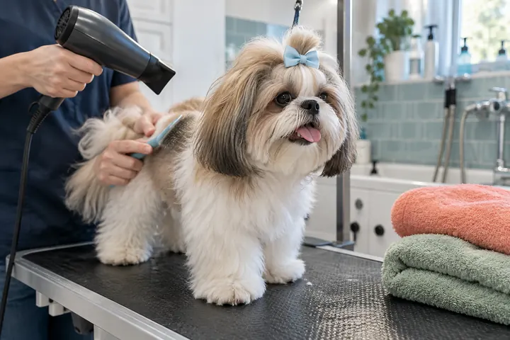 Shih tzu con lazo azul siendo cepillado y secado en la peluquería, escena ilustrativa