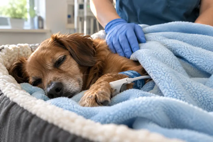Perro descansando bajo una manta azul después del procedimiento, escena ilustrativa