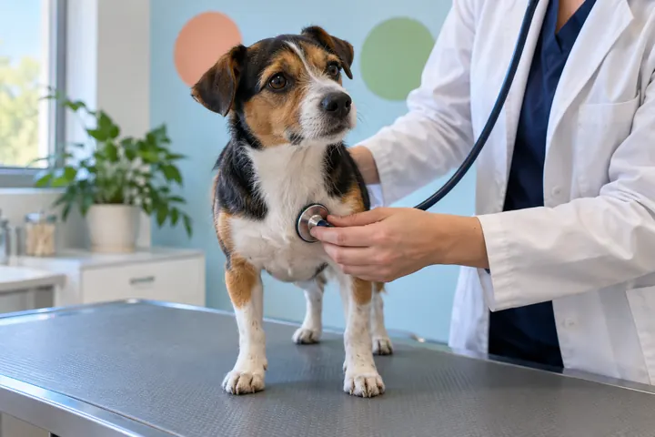 Perro tricolor examinado con estetoscopio, escena ilustrativa