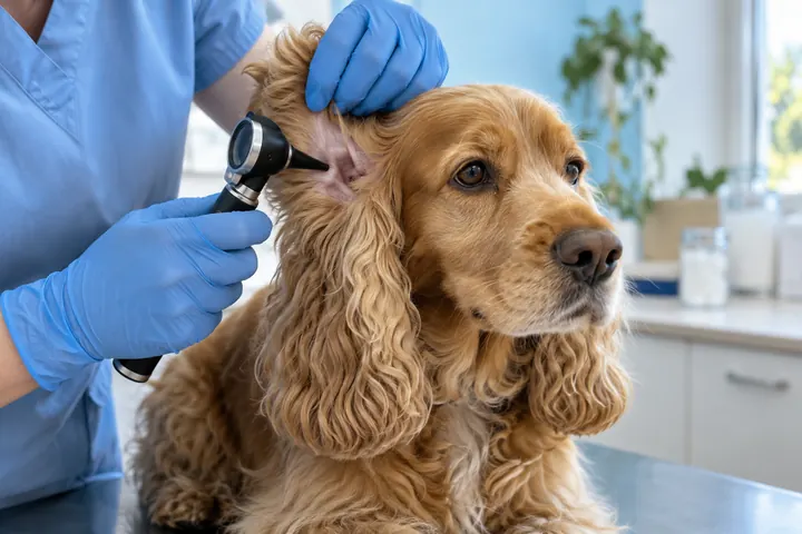 Cocker spaniel con el oído examinado con otoscopio, escena ilustrativa