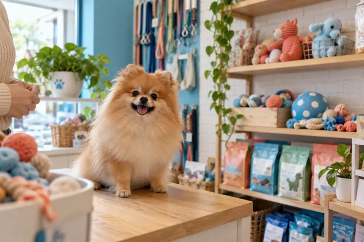 Pomerania en el mostrador del pet shop, con juguetes al fondo, escena ilustrativa