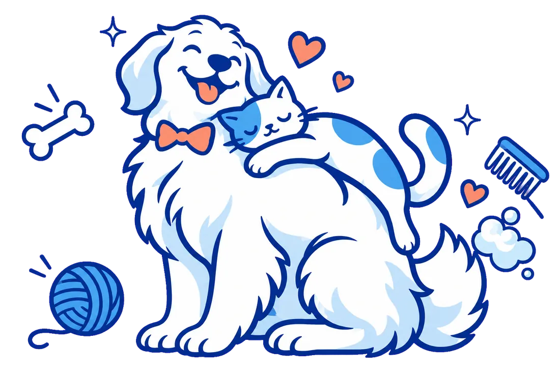 Ilustración de un perro peludo con corbatín y un gato durmiendo sobre su espalda